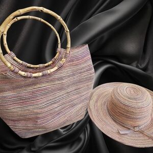 Chic Striped Bag and Matching Hat Set with Bamboo Handles